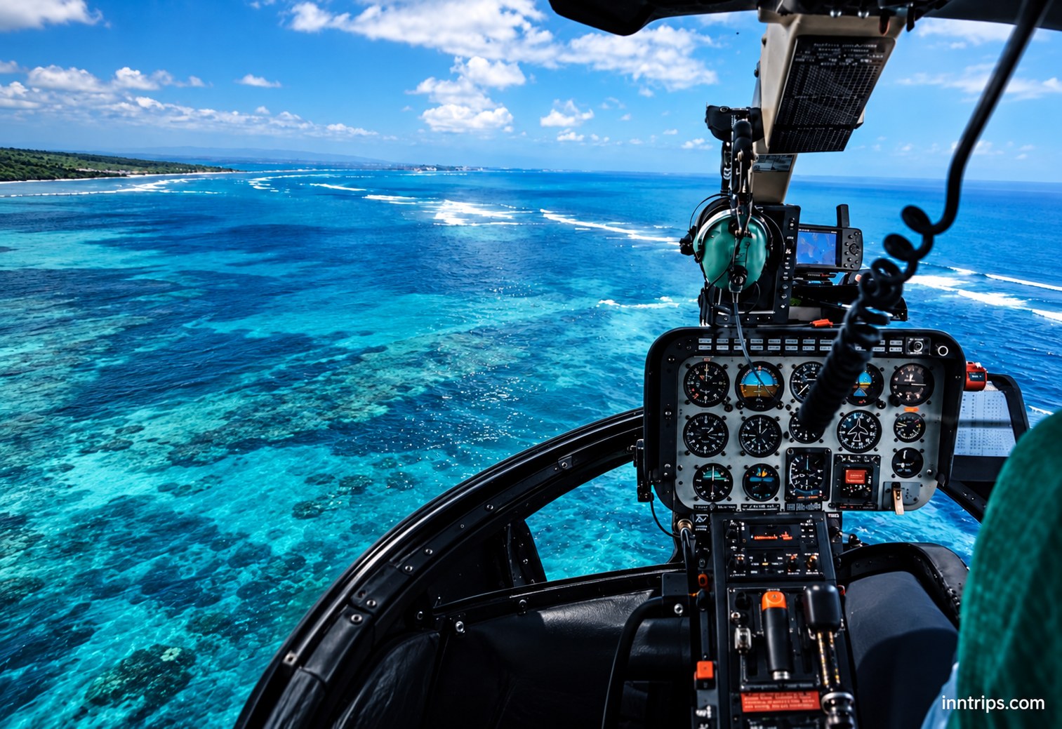 Coastal Bali view from inside a helicopter cockpit
