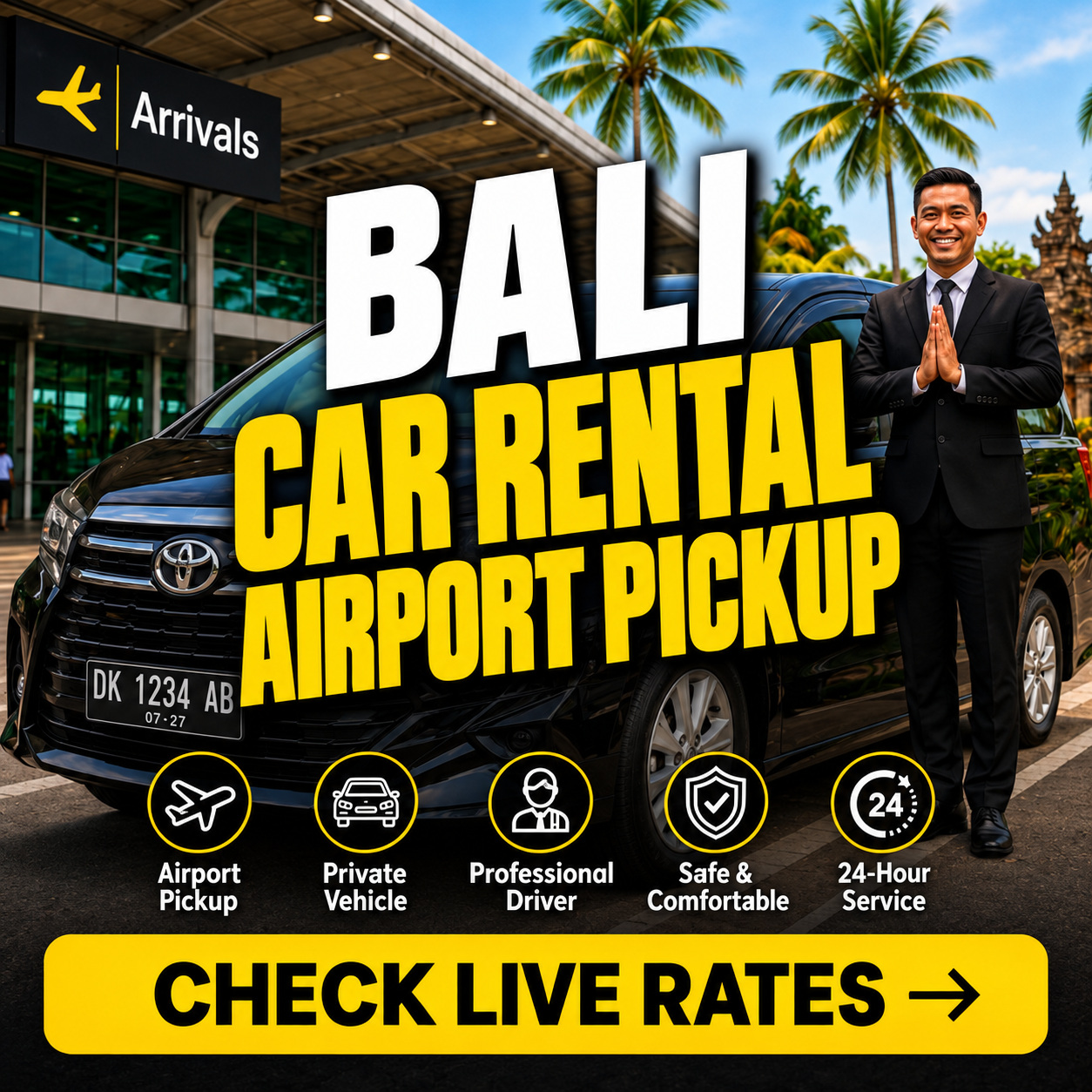 Bali car rental and airport pickup with a professional driver