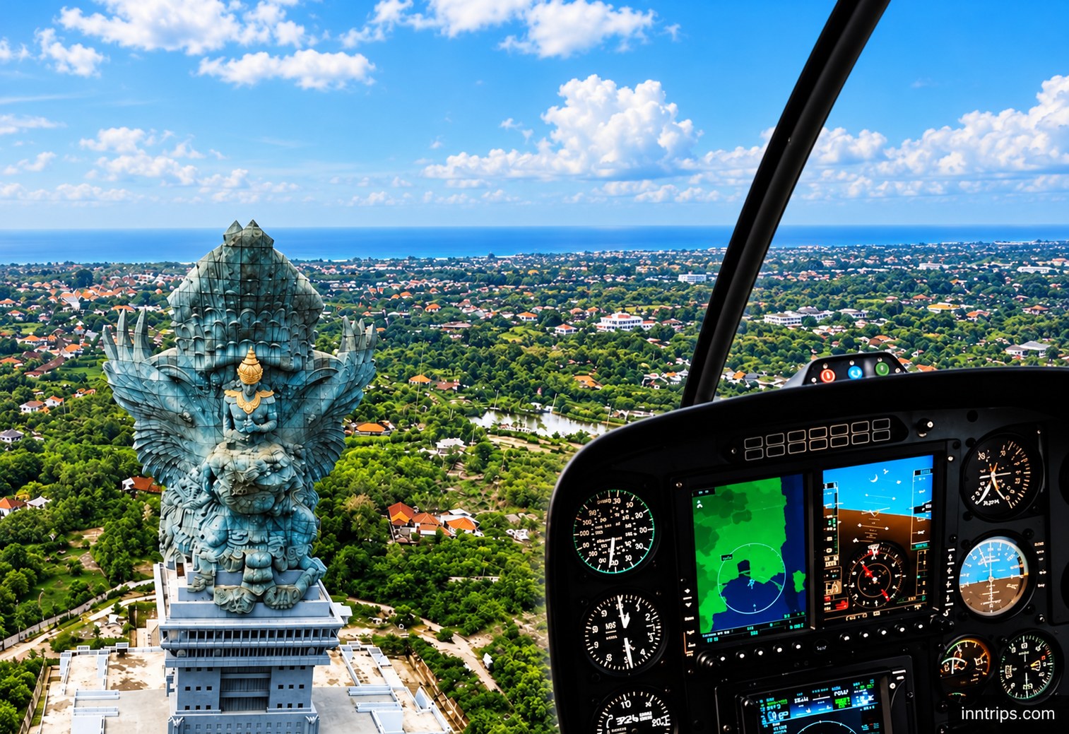 Aerial view of the Garuda Wisnu Kencana statue from a helicopter cockpit