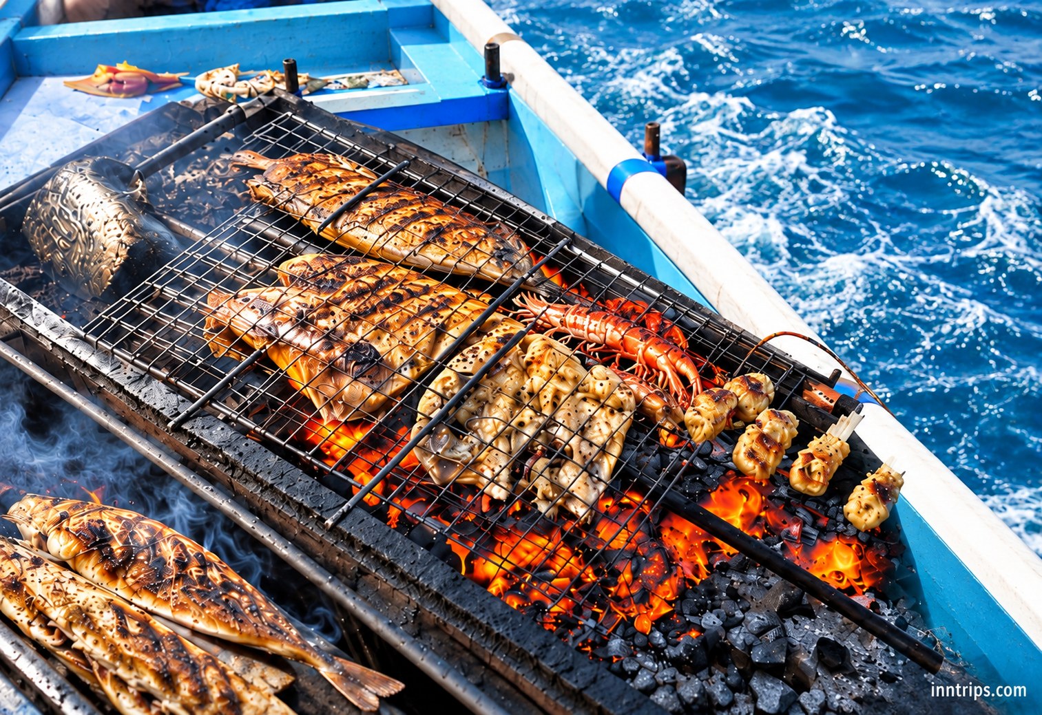 Balinese grilled fish and seafood prepared on the boat