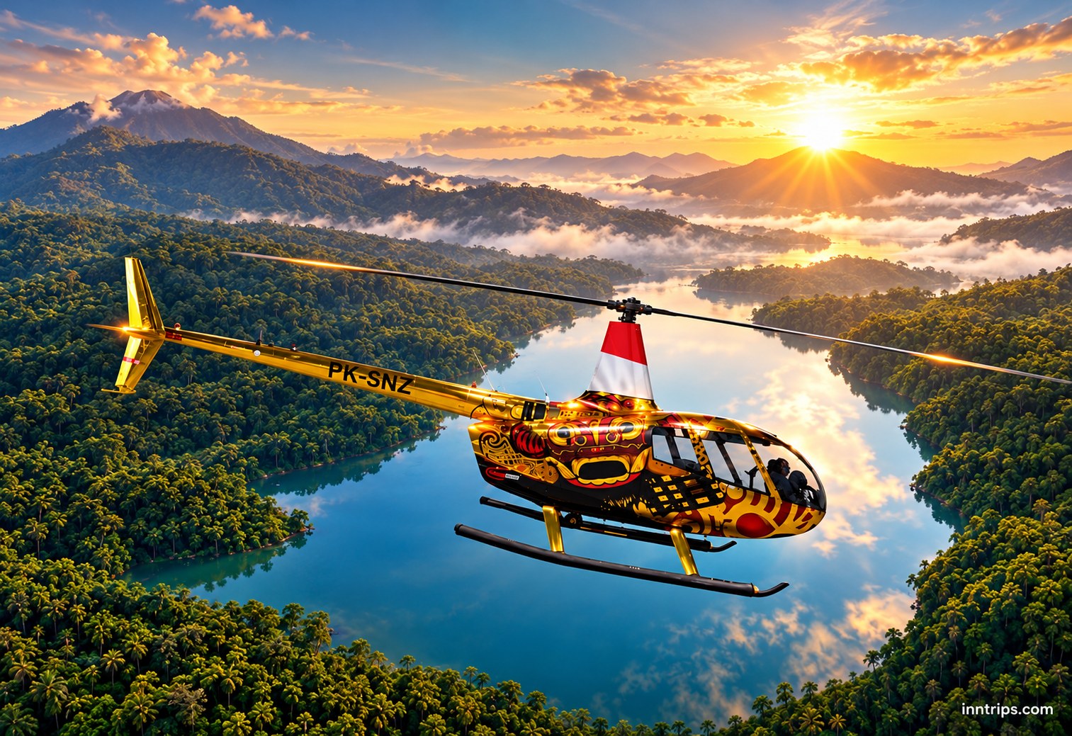 Bali helicopter flying above a tropical landscape at sunrise