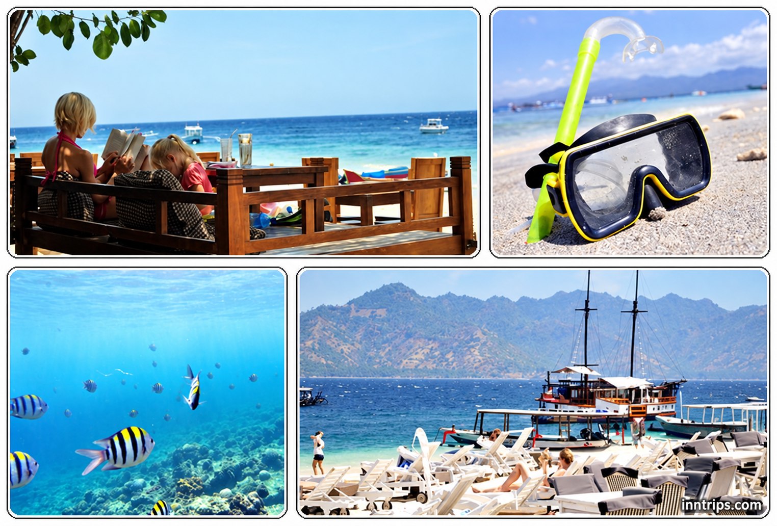 Beachside lunch setting, snorkeling equipment and Gili sea views