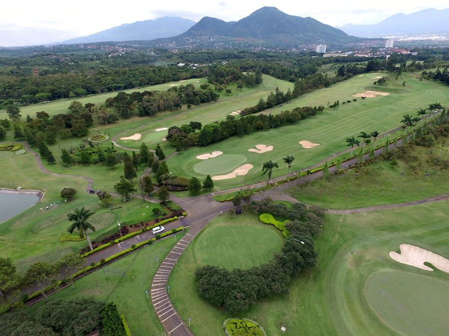 Elevated view of golf course fairways