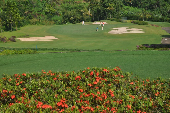 Golf course putting green with bunkers