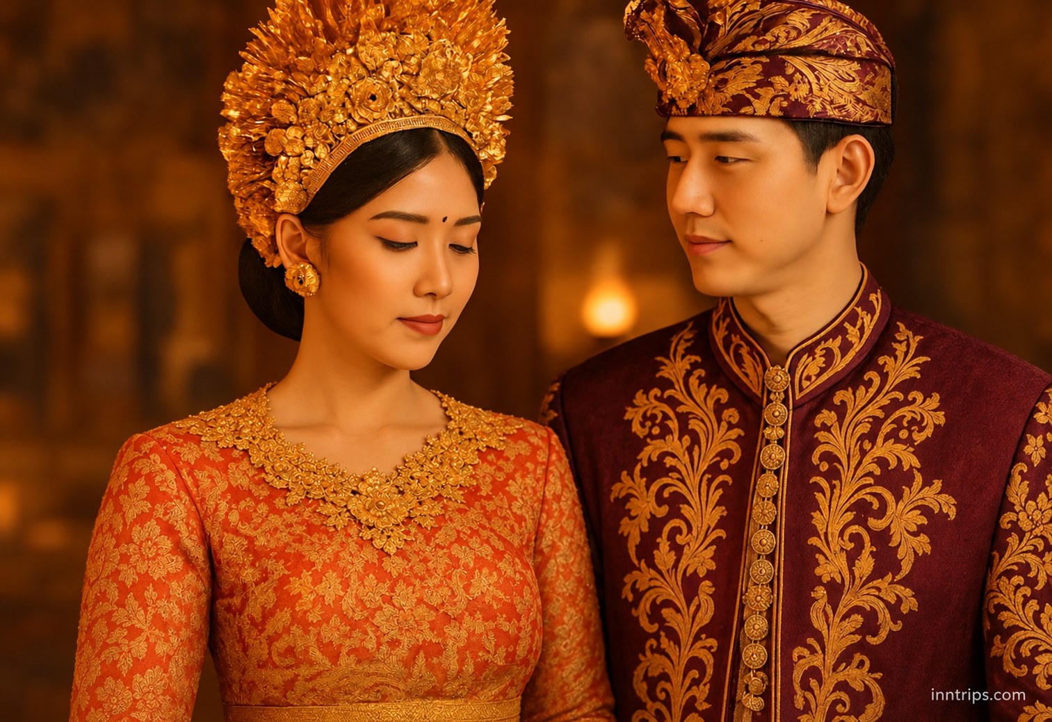Balinese couple in traditional formal costume after portrait styling