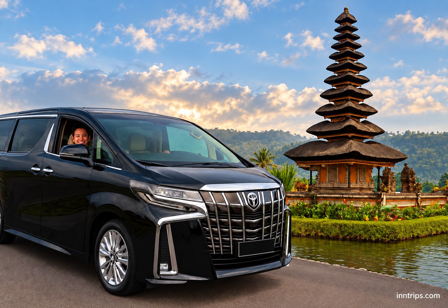 Black seven-seat private car with an English-speaking driver at a Balinese temple