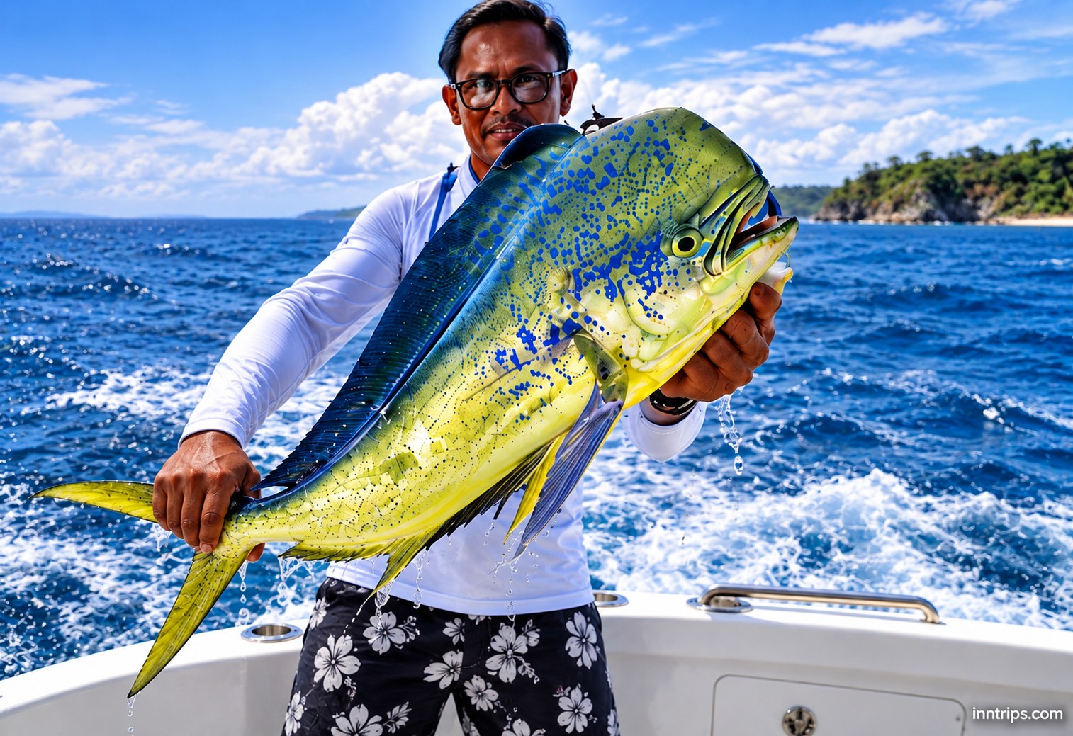 Angler holding a mahi-mahi catch on the boat