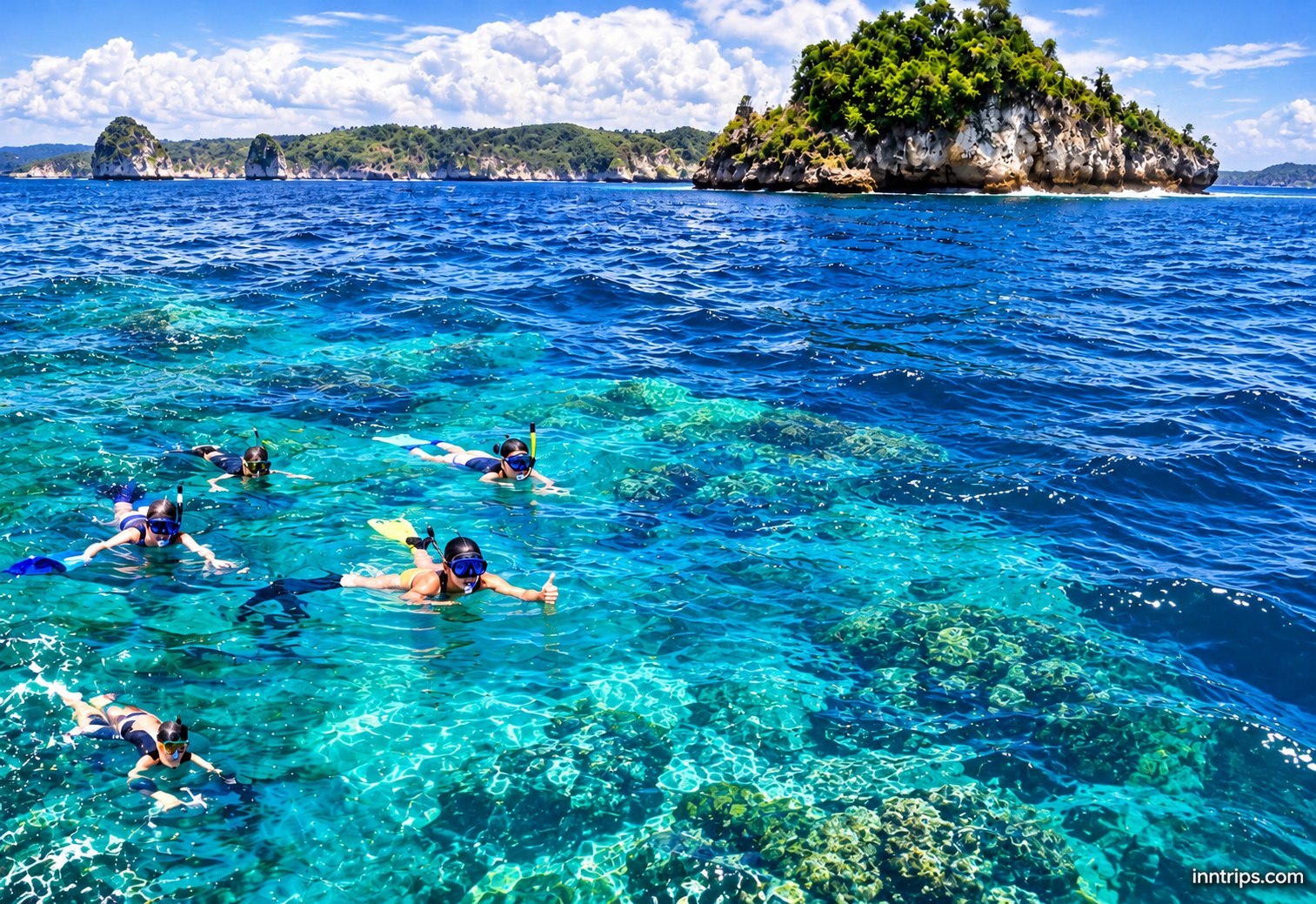 Snorkelers swimming above clear water near the coast